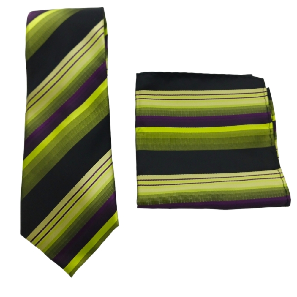 2 Piece Set Berlioni Italy Mens Tie & Pocket Square Striped Black Green 60" NWOT